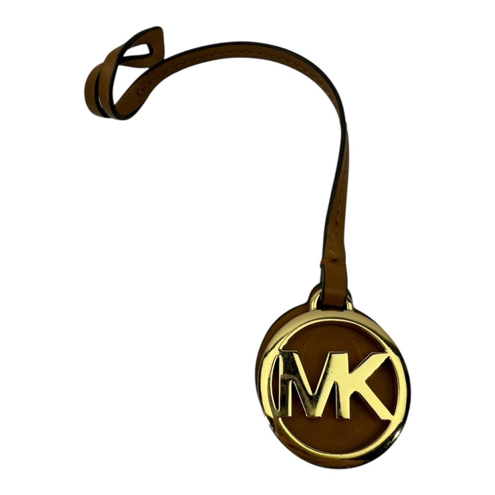Michael Kors Handbag Charm w/ Gold-tone MK logo & Brown Leather Strap